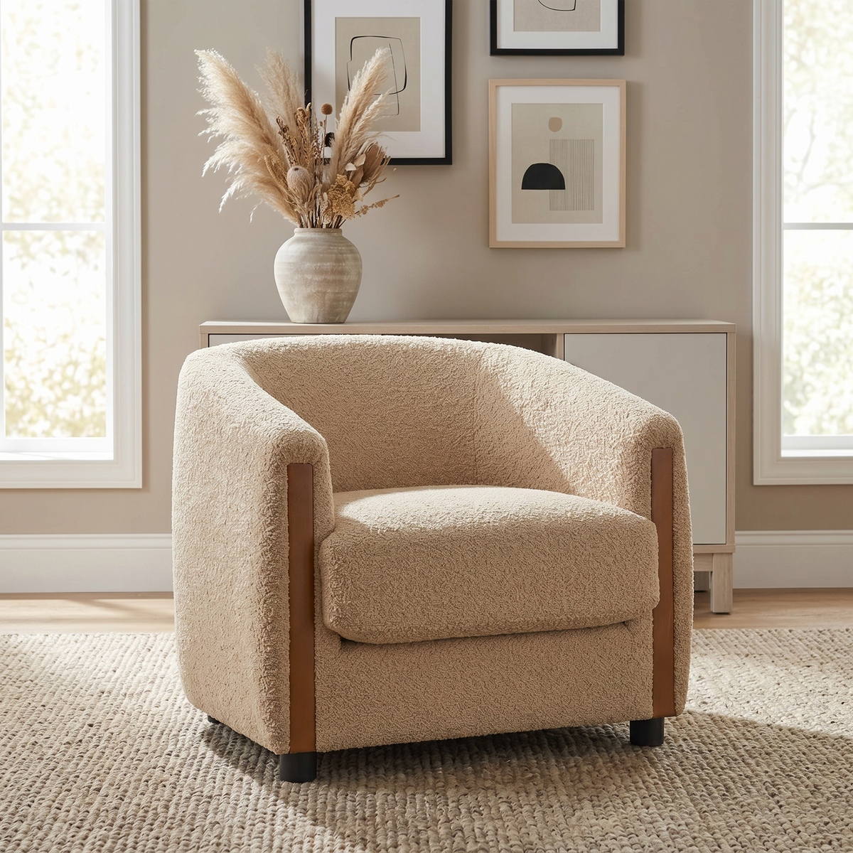 Light Brown Boucle Barrel Chair