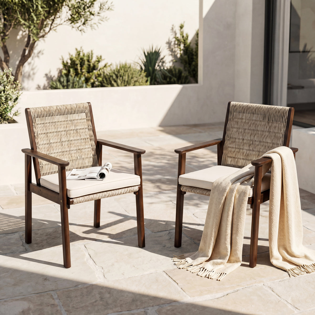 Dark Brown Solid Wood Outdoor Dining Chair with Cushions, Set of 2