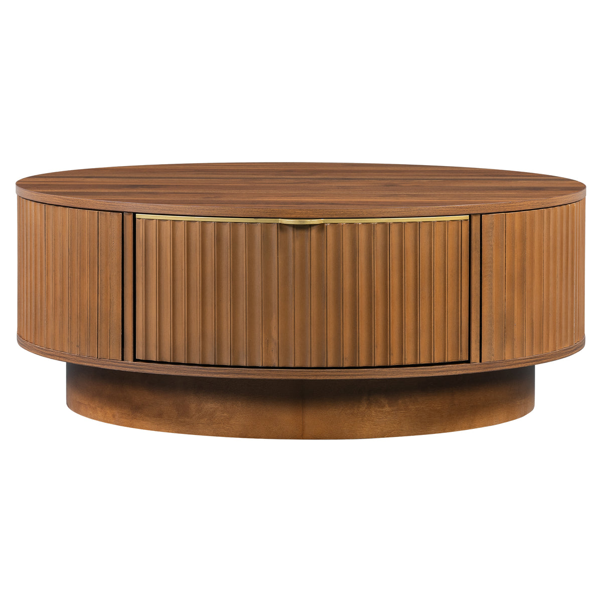 Walnut Round Fluted Drum Coffee Table with Drawers, 35.4 in