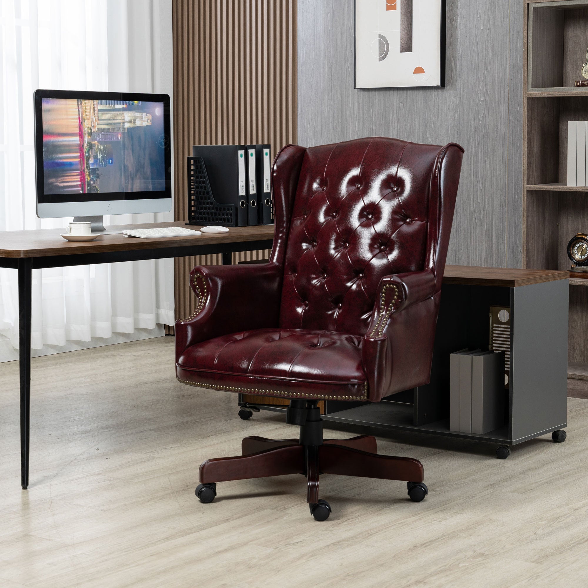 Burgundy Vegan Leather Office Chair, Height Adjustable, 330 lb