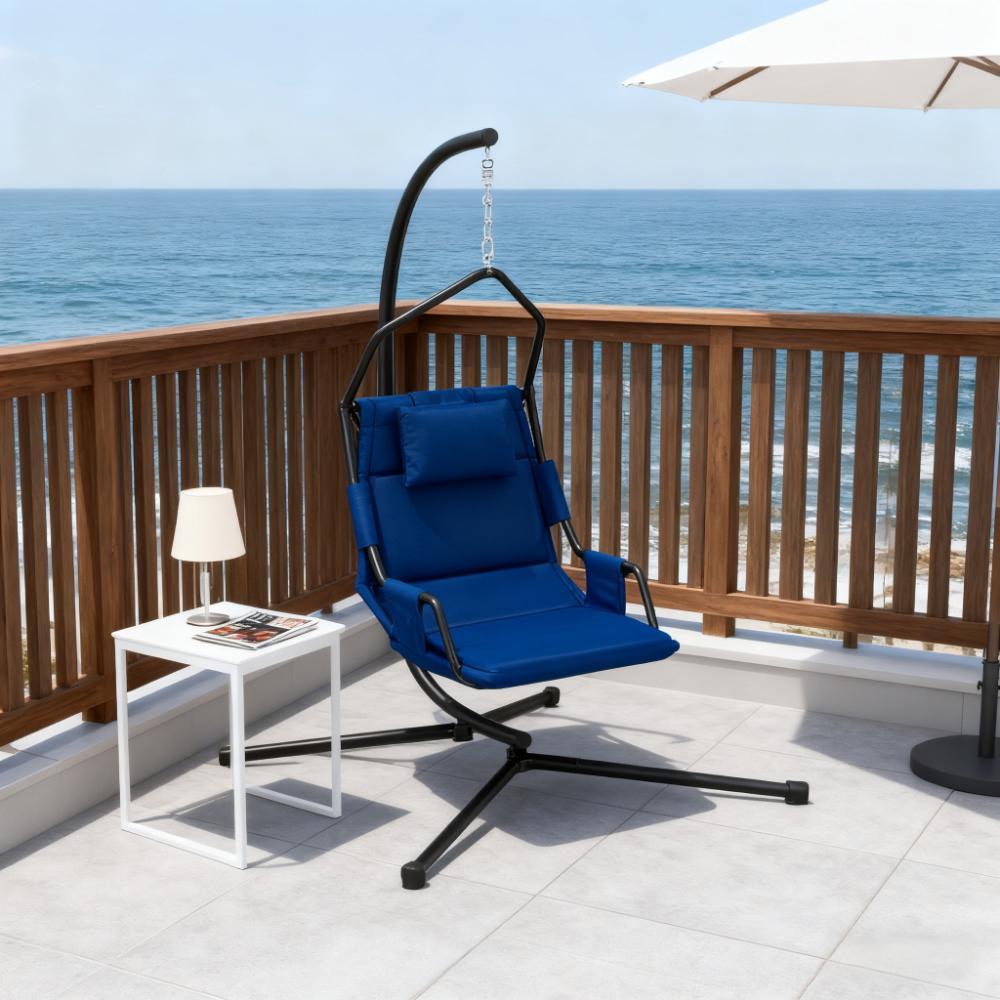 Metal Hammock Chair with Stand, 75.6 in Tall, Black and Dark Blue
