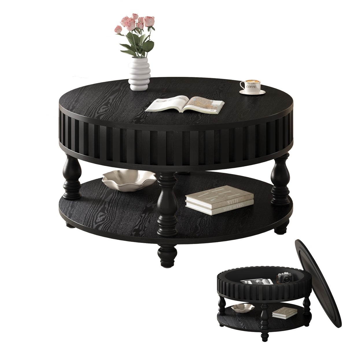 Black Farmhouse Fluted Round Coffee Table with Storage, 31.5 in