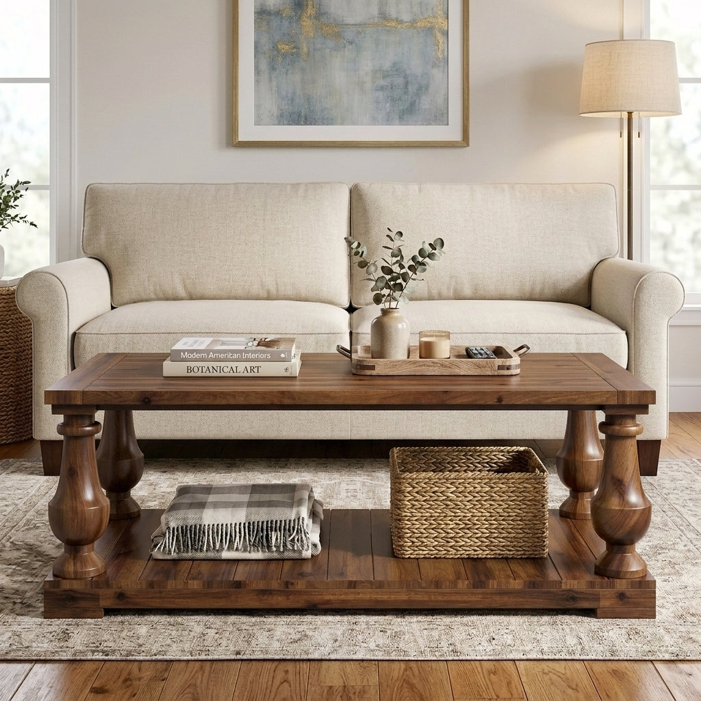 Walnut Solid Wood Farmhouse Two-Tier Coffee Table with Turned Legs, 42 in