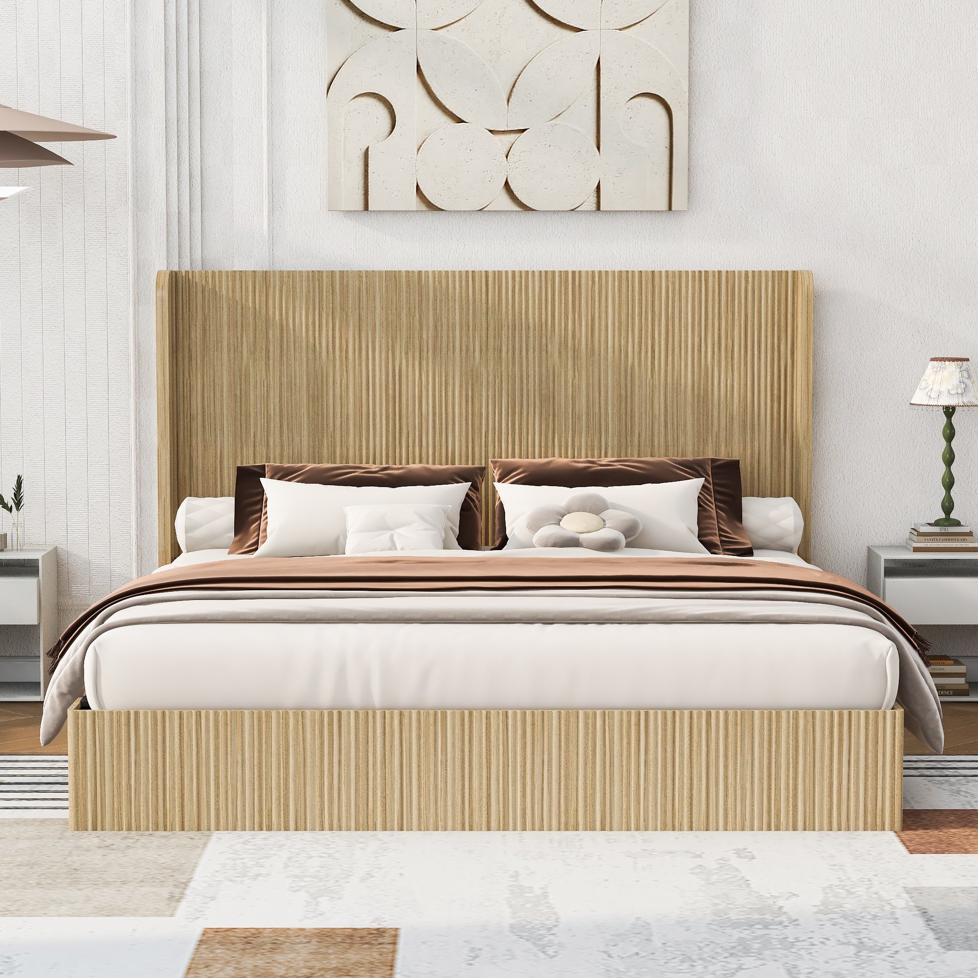 King bed with fluted wood wingback headboard in a bright, neutral bedroom