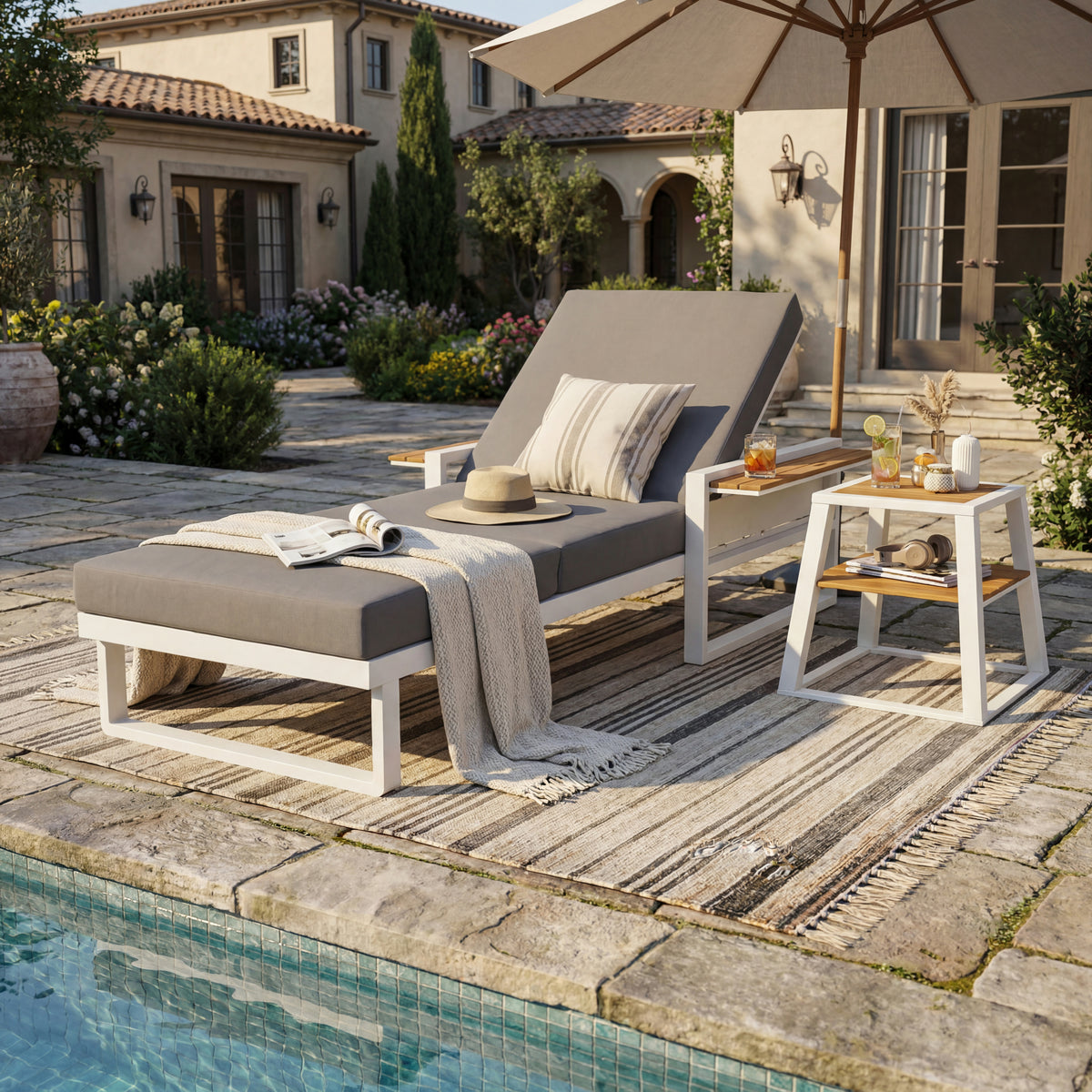 Teak Finish Metal Adjustable Outdoor Chaise Lounge, Dark Gray Cushion