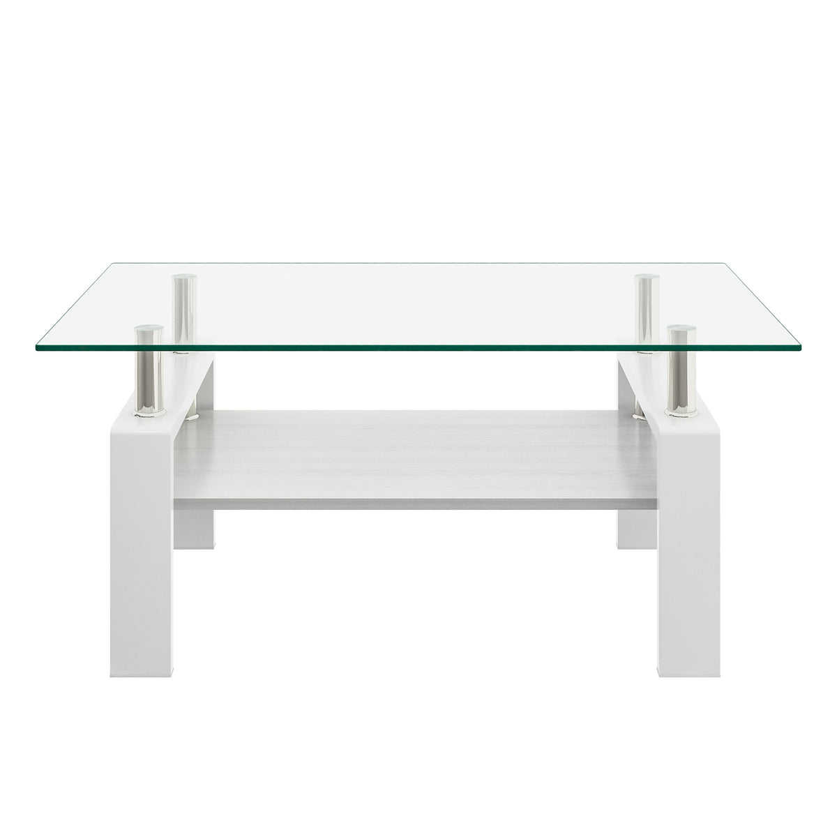 Clear and White Glass-Top Rectangular Coffee Table with Shelf, 39.2 in