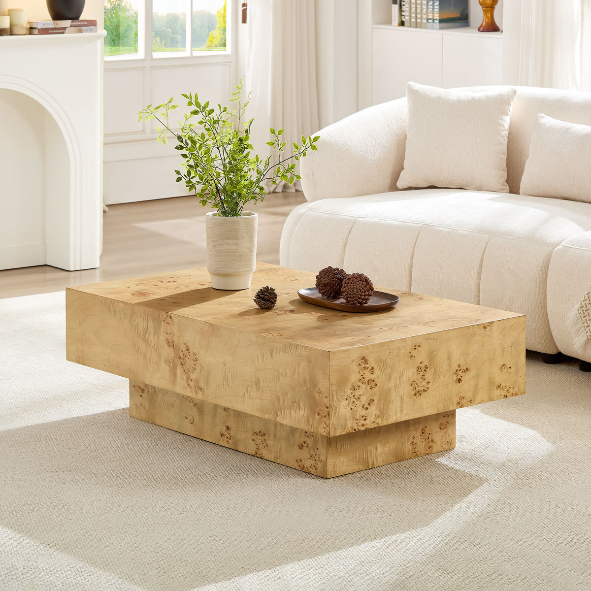 Natural Burl Wood Rectangular Plinth Coffee Table, 43.3 in