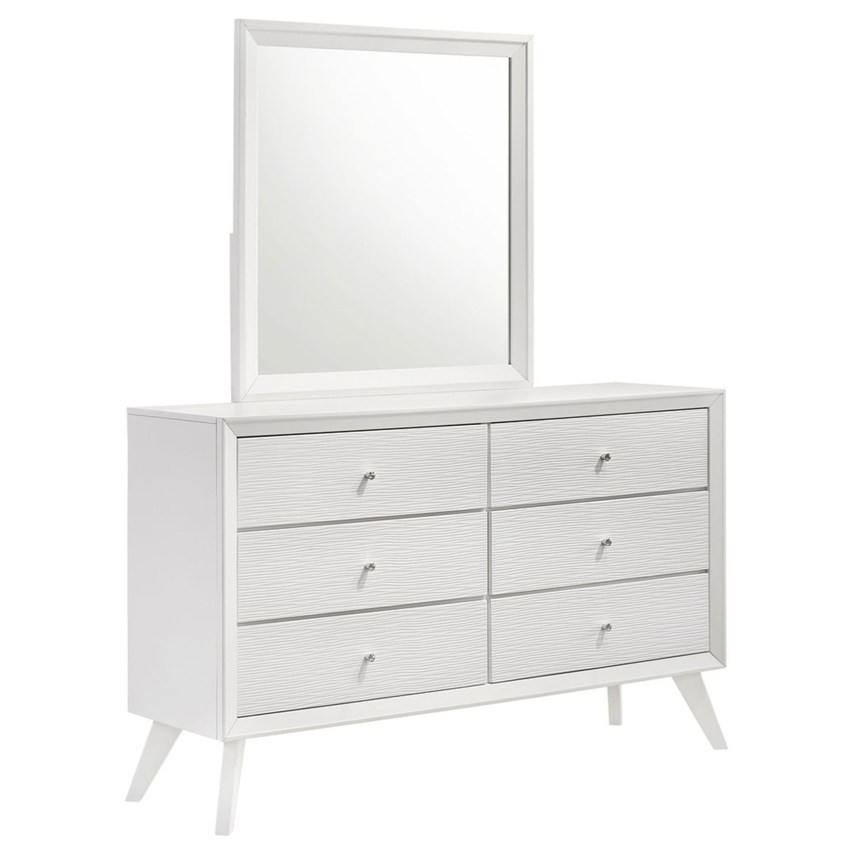 Solid Wood Dresser with Round Mirror, Angled Legs, White