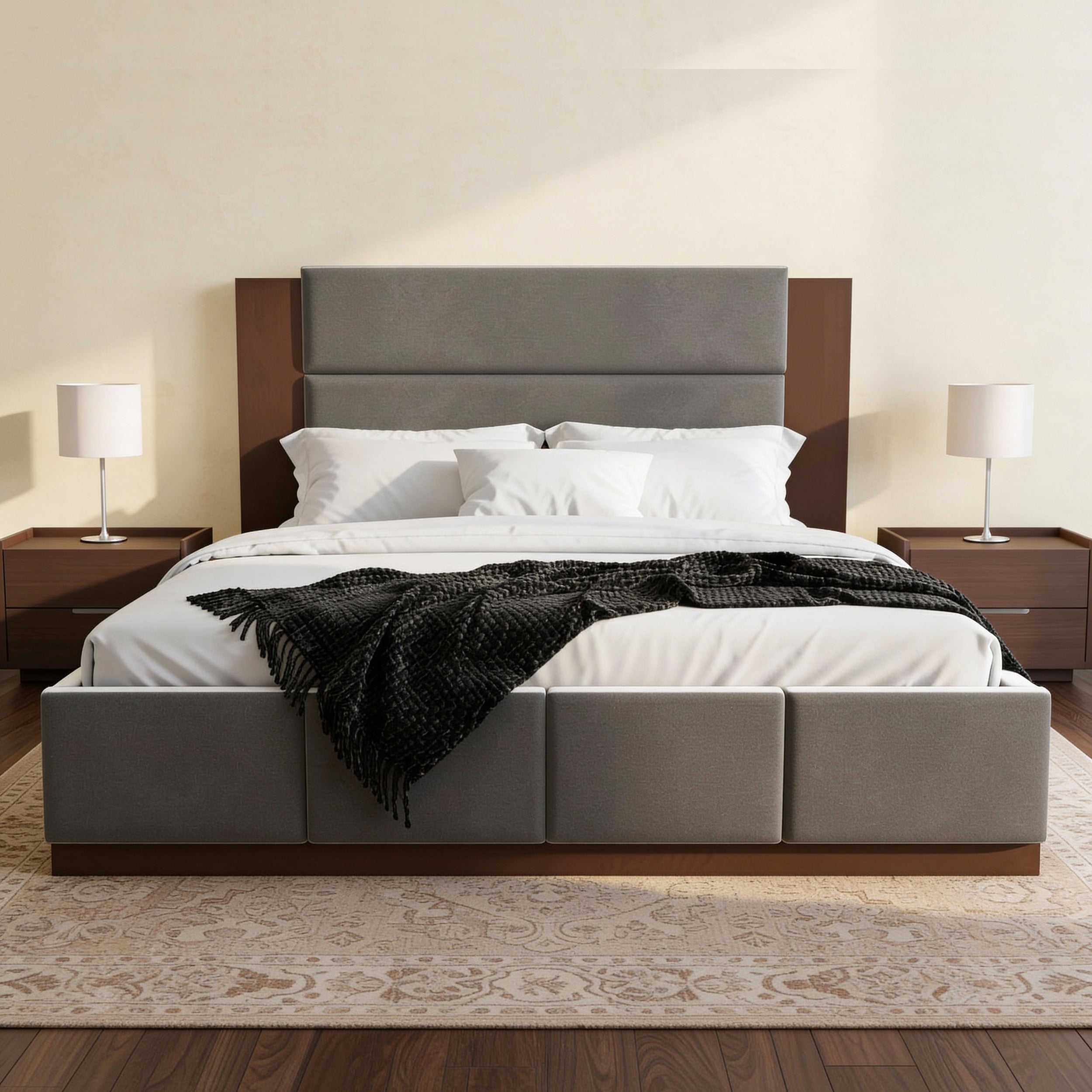 Grey velvet upholstered queen bed styled with white bedding, nightstands and lamps, wood headboard against a cream wall #Color_Grey Velvet