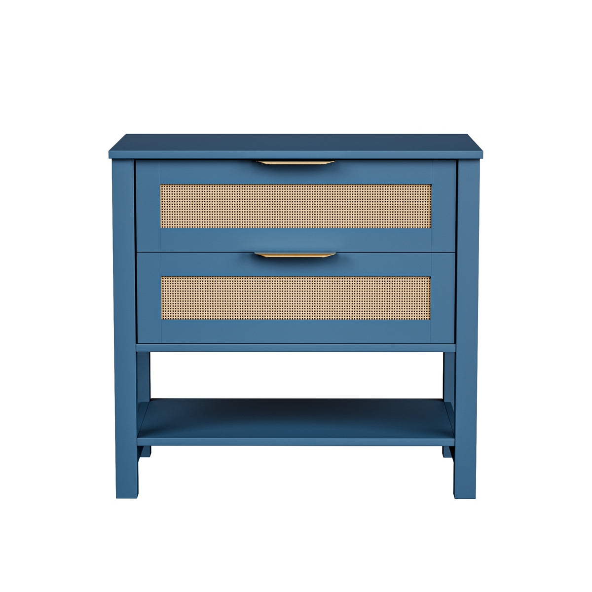 Rattan Nightstand with 2 Drawers and Open Shelf, Turquoise
