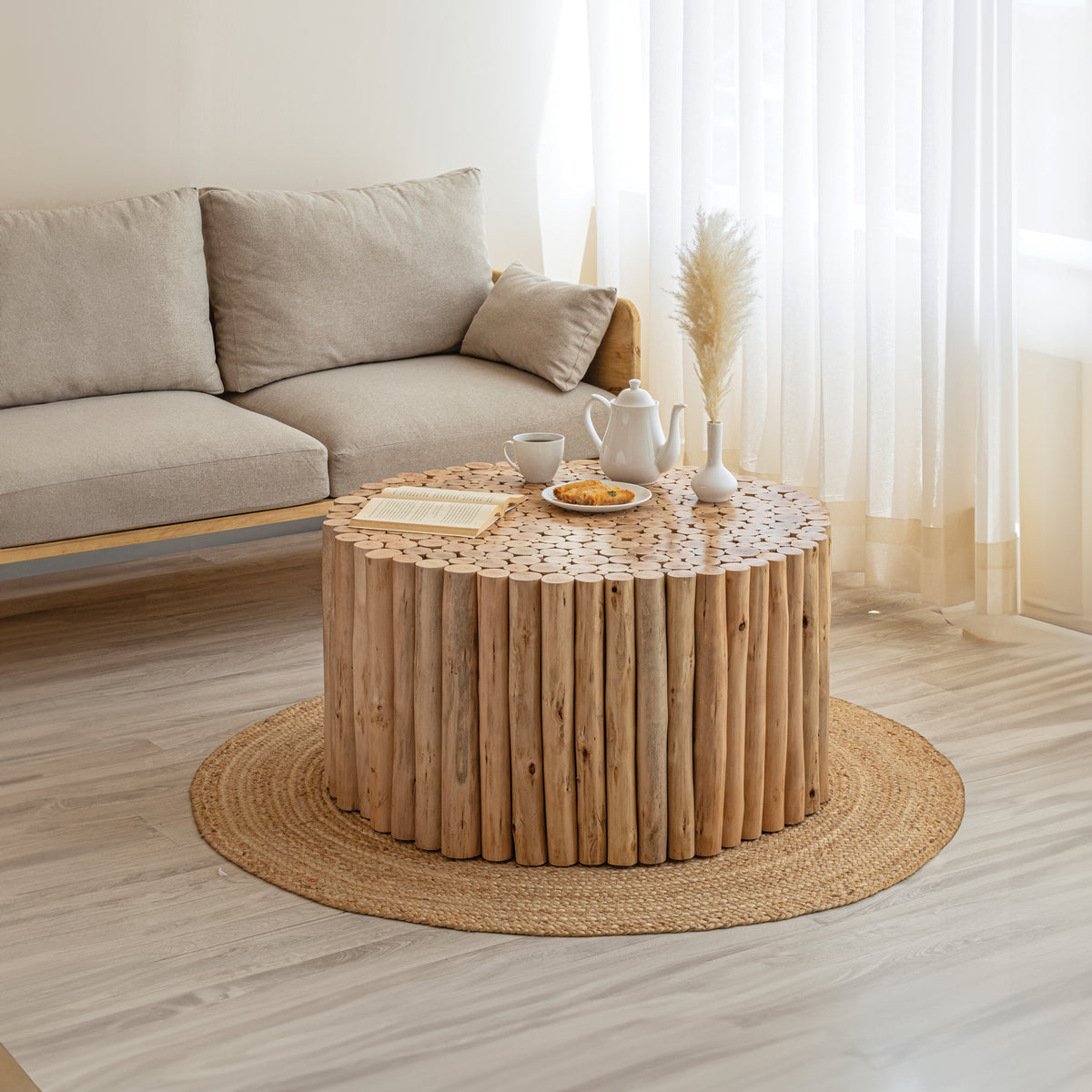 Natural Wood Log Round Drum Coffee Table, 32 in