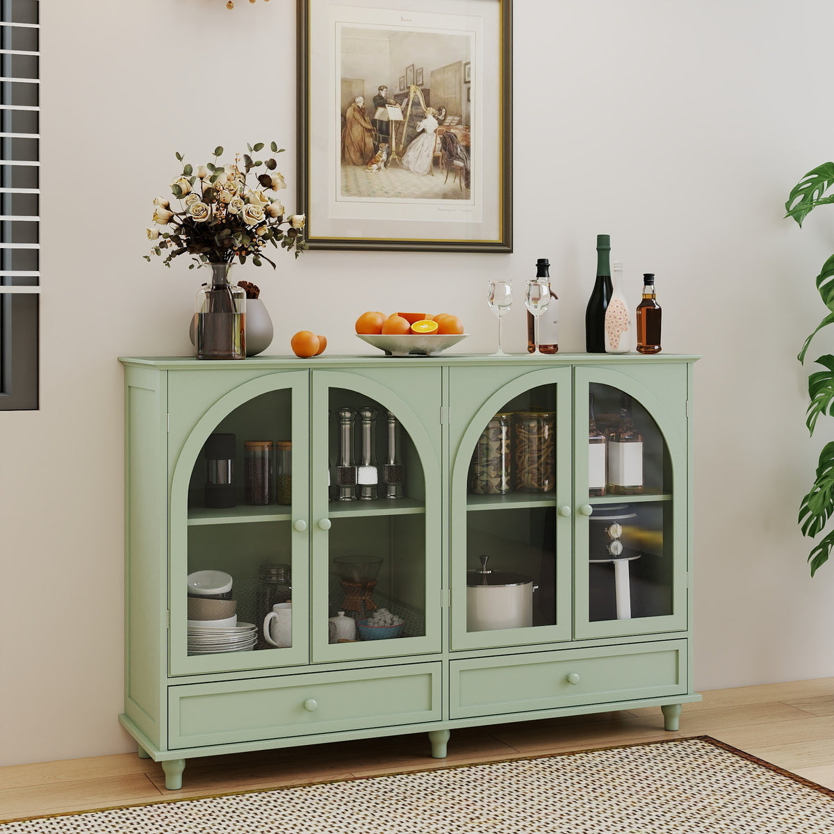 Arched Glass Sideboard Cabinet, Green, 4 Doors, 2 Drawers
