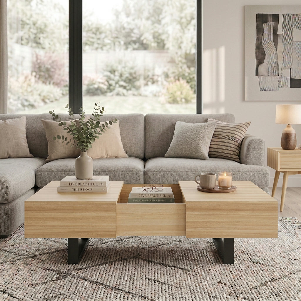 Natural Sliding-Top Rectangular Coffee Table with Storage, 42.8 in