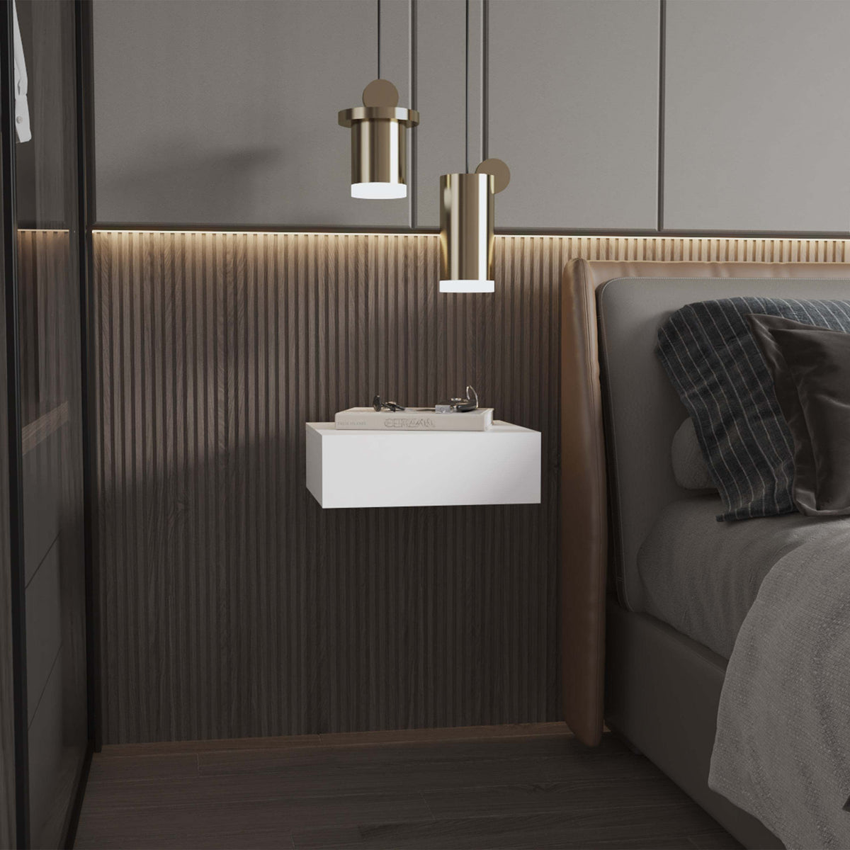 White Floating Nightstand, Wall Mounted with Drawer