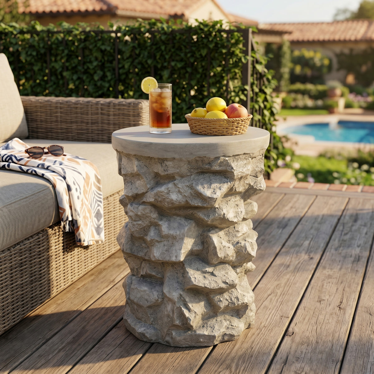 Gray Round Outdoor Side Table, 20.5 in Tall