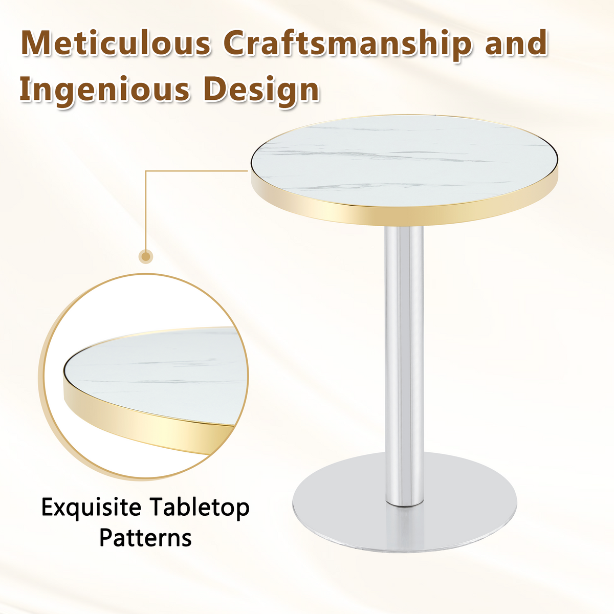 Feature graphic highlighting the white faux marble tabletop pattern and gold edge