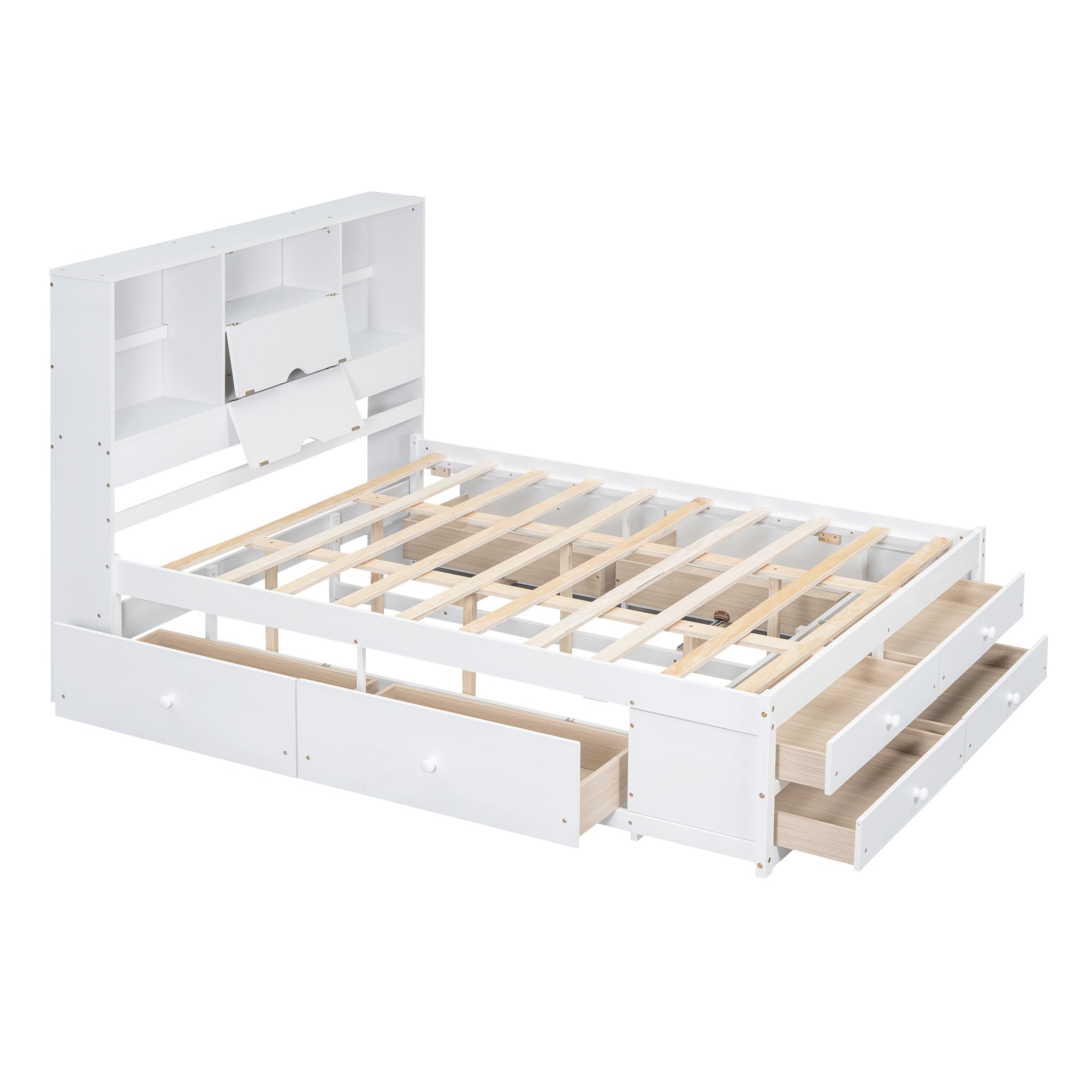 Bare front of the white queen storage bed, drawers open showing footboard and under-bed storage