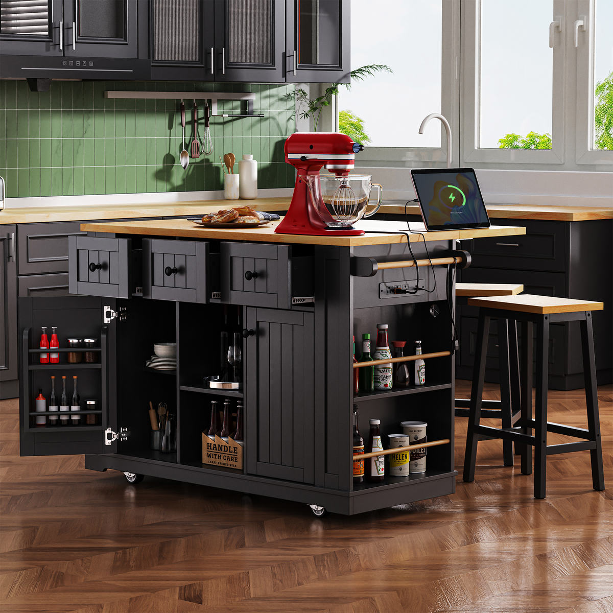 53in Kitchen Island with 2 Bar Stools, Black, 3-Drawer Drop-Leaf
