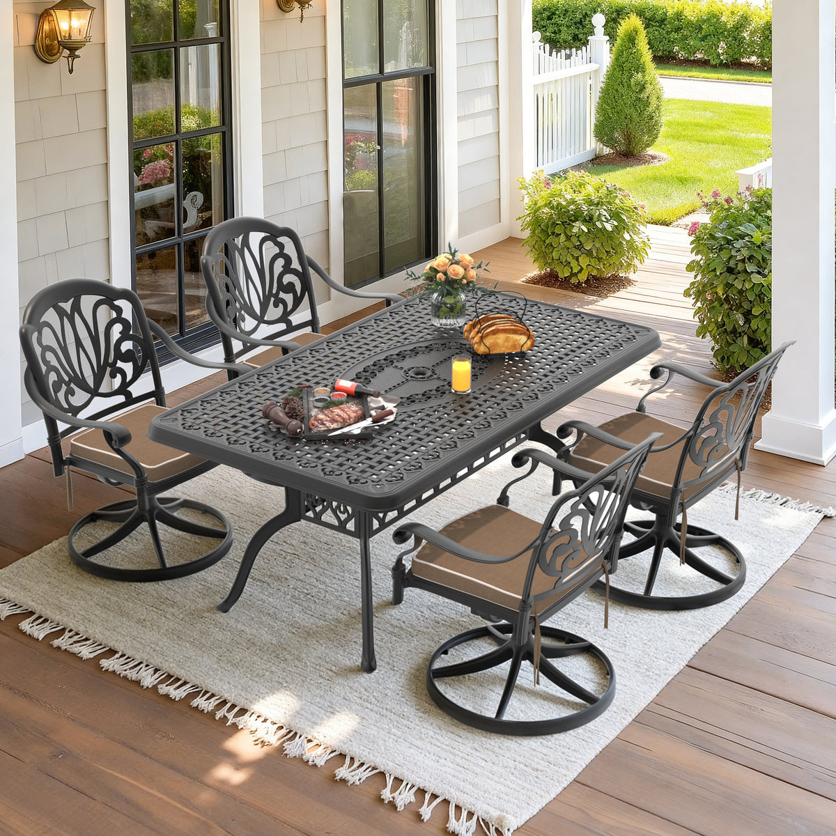 Black Aluminum 5-Piece Patio Dining Set for 4 with Cushions, Swivel