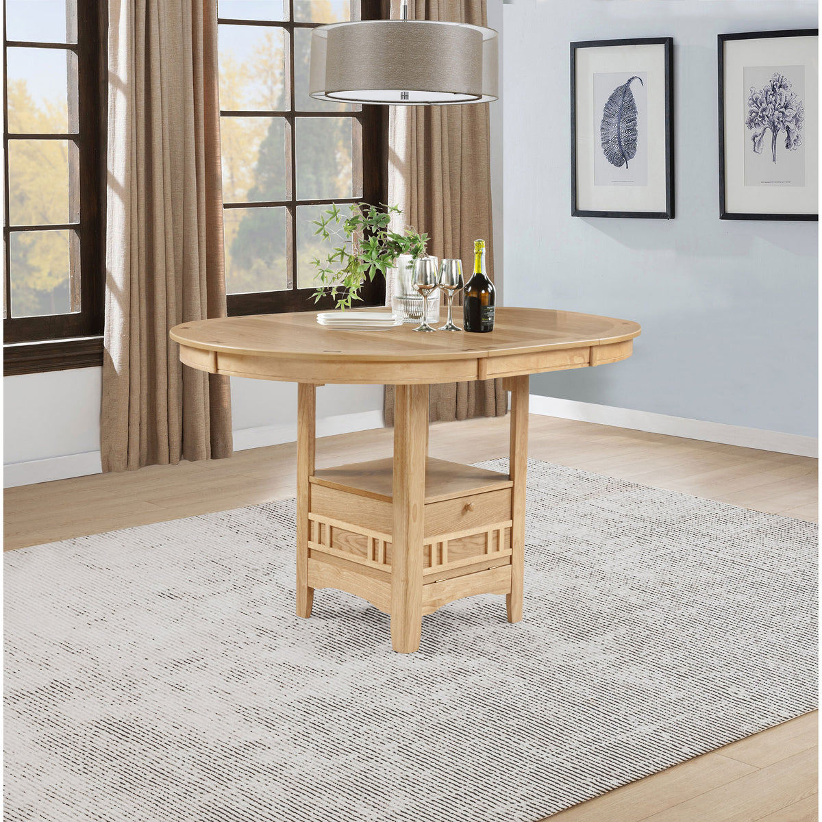 Counter Table, Light Oak Oval Extendable Pedestal with Storage
