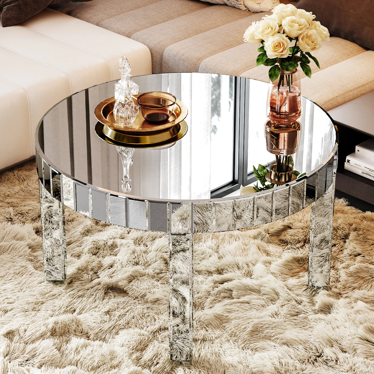 Silver Mirrored Art Deco Round Coffee Table, 31.5 in