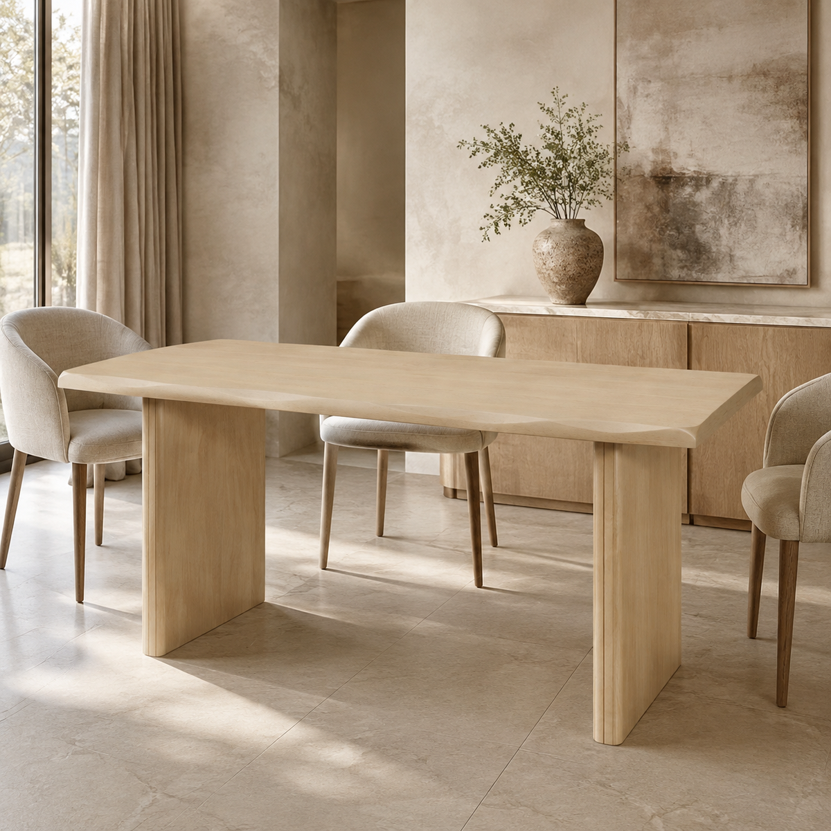 Oak Veneer Dining Table, Scalloped Edge - Ribbed Legs, Natural