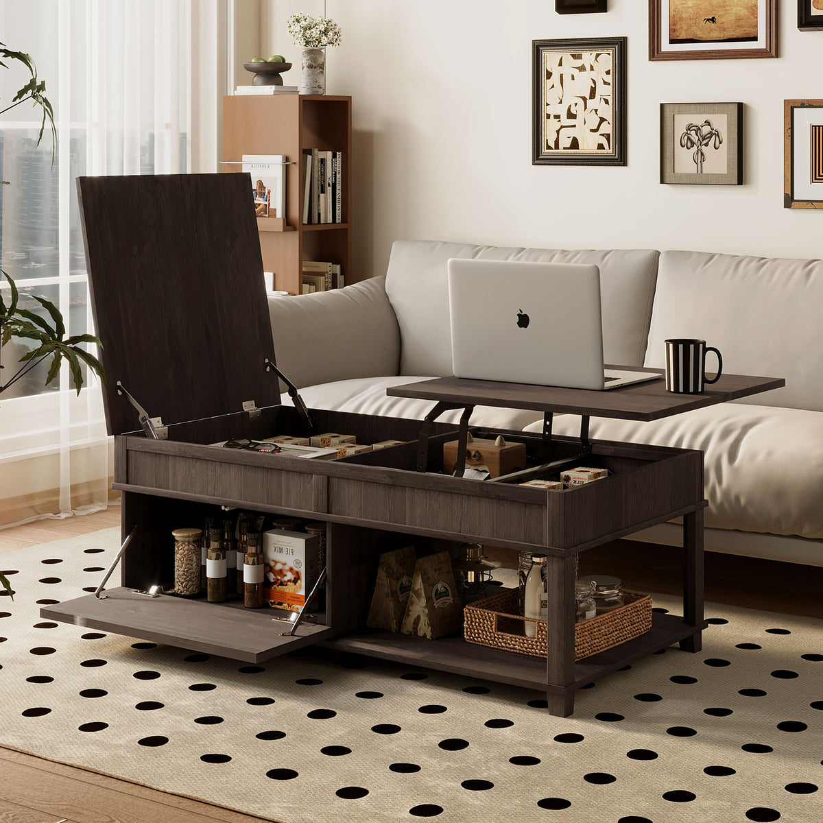 Gray Farmhouse Lift-Top Coffee Table with Storage and Shelf, 46.9 in
