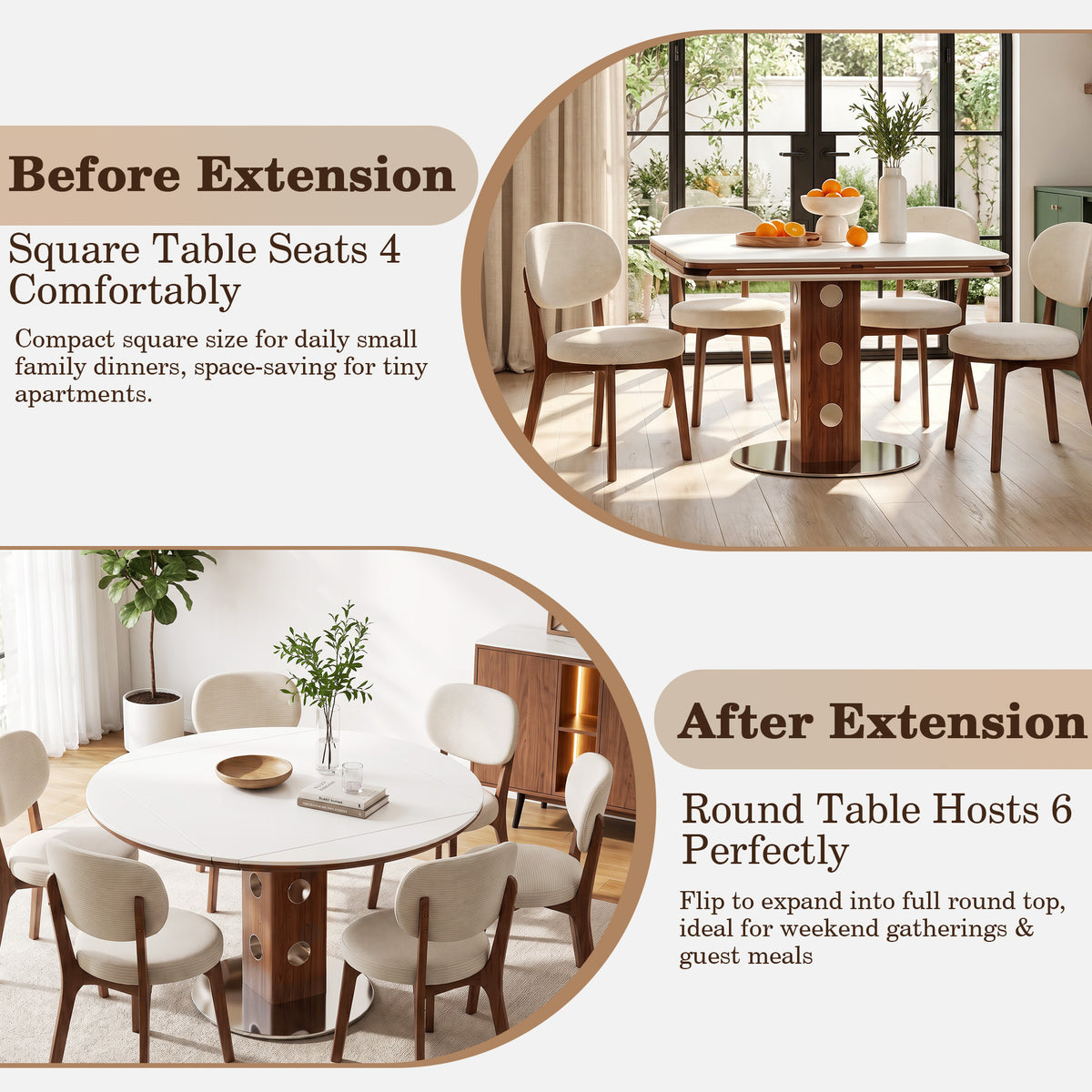 Before and after extension graphic showing the square 4-seat and round 6-seat setups
