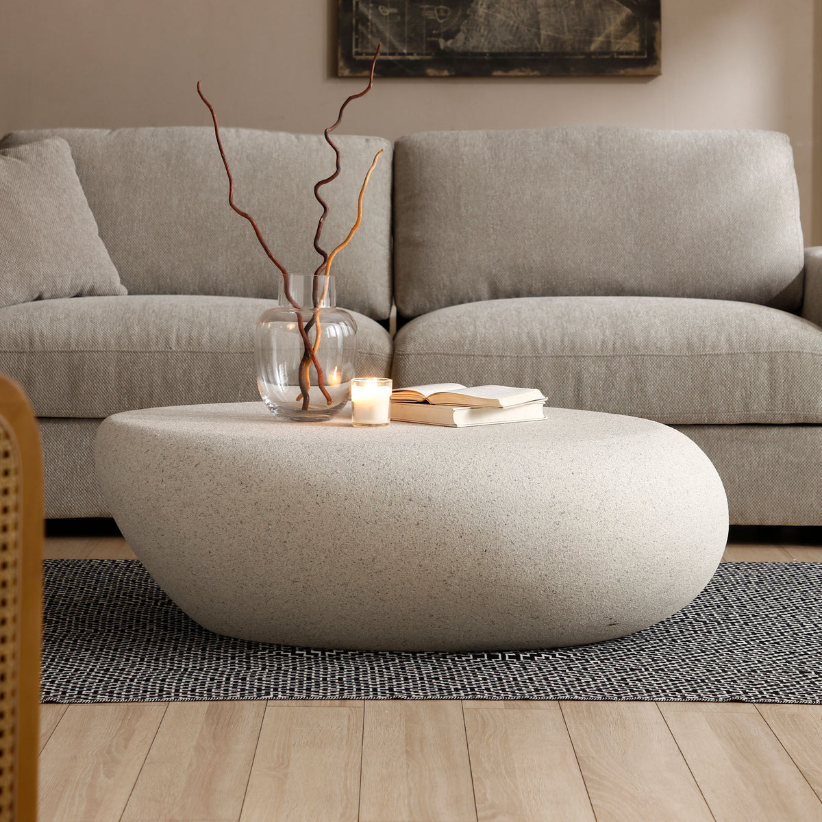 Cream Fiberglass Stone-Look Pebble Coffee Table, 43.3 in