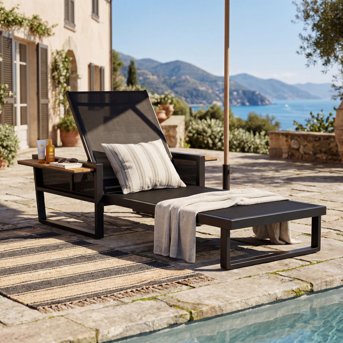 Black Metal Adjustable Outdoor Chaise Lounge, Black and Teak