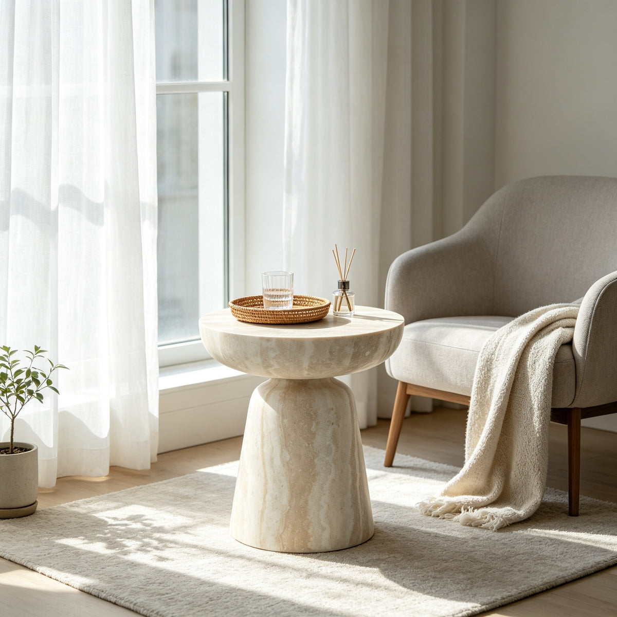 Beige Fiberglass Travertine-Look Mushroom Side Table, 15.8 in
