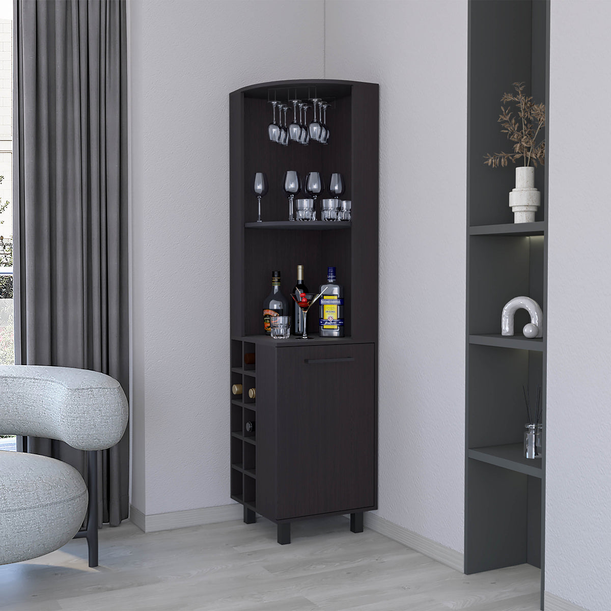 Corner Bar Cabinet Wine Rack, Wenge, 10-Bottle & Stemware