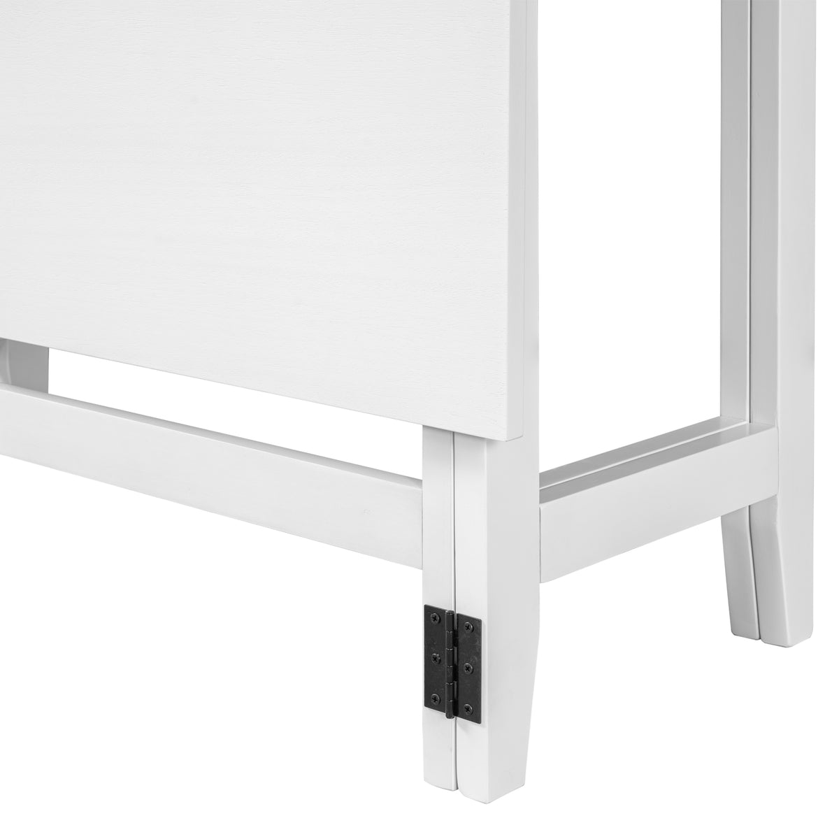 Close-up of the black metal hinge and folding leg on the drop-leaf table