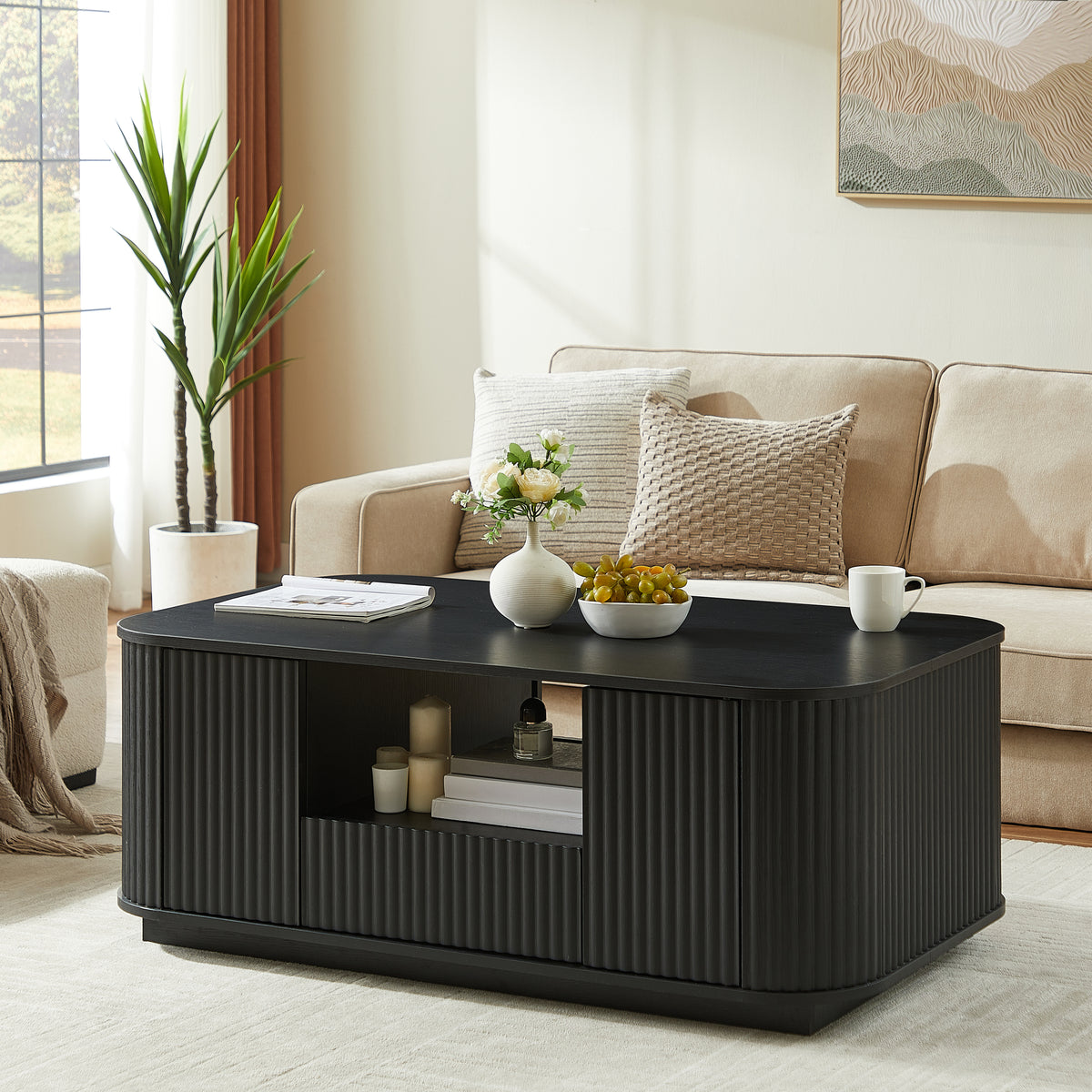 Black Fluted Rectangular Coffee Table with Storage, 46.5 in