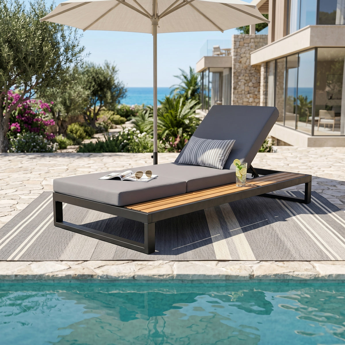 Teak Finish Metal Adjustable Outdoor Chaise Lounge, Dark Gray Cushion