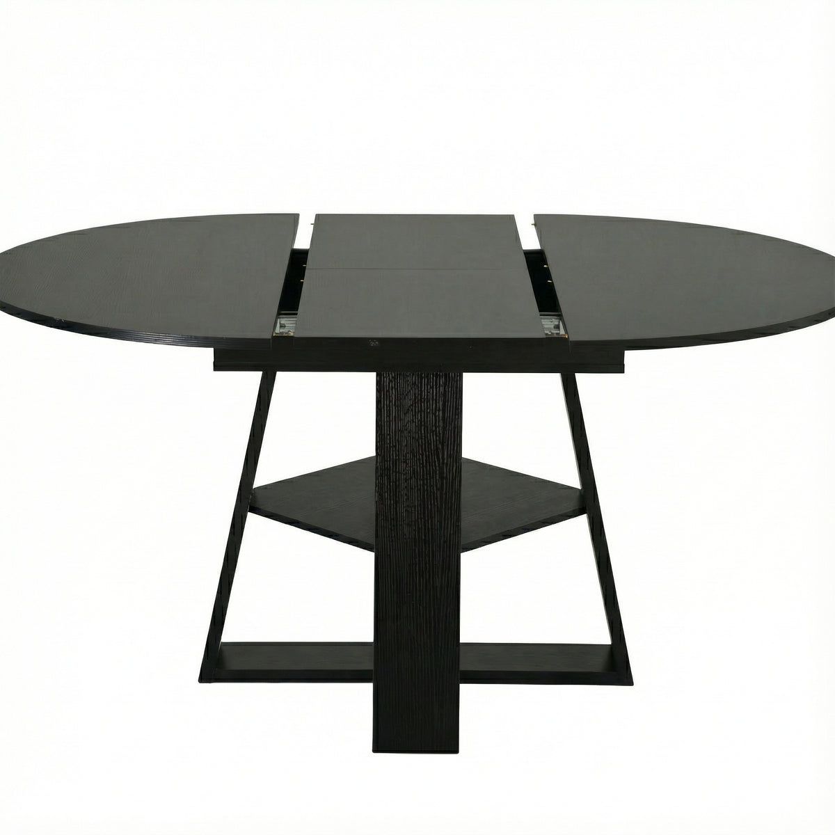 Overhead studio view of the black table opened with the extension gap in the middle