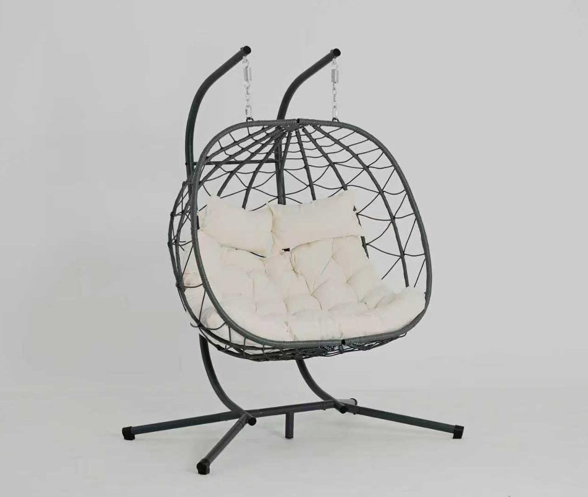 Beige Wicker 2-Person Hanging Egg Chair with Stand