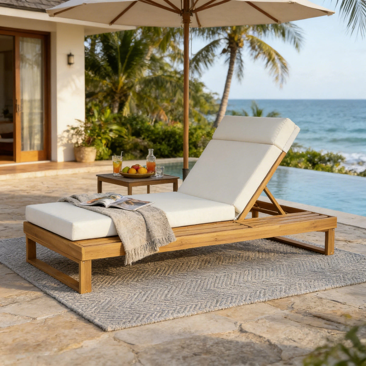 Teak Finish Solid Wood Outdoor Chaise Lounge, Cream Cushion, 4-Fold Cushion