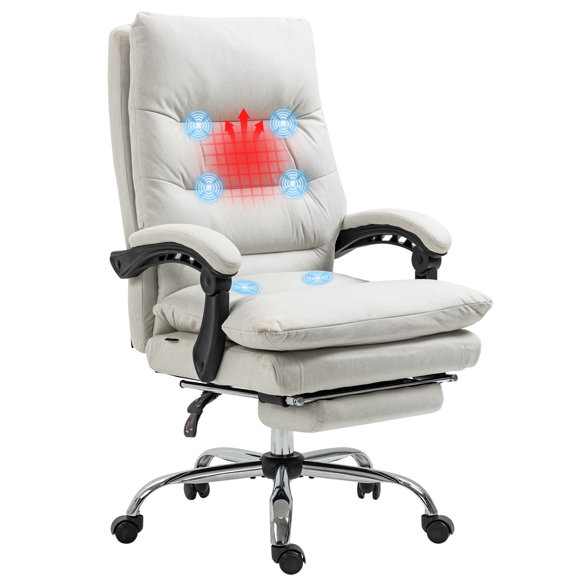 Cream White Fabric Office Chair, Massage, Footrest, 265 lb, 46 in Tall
