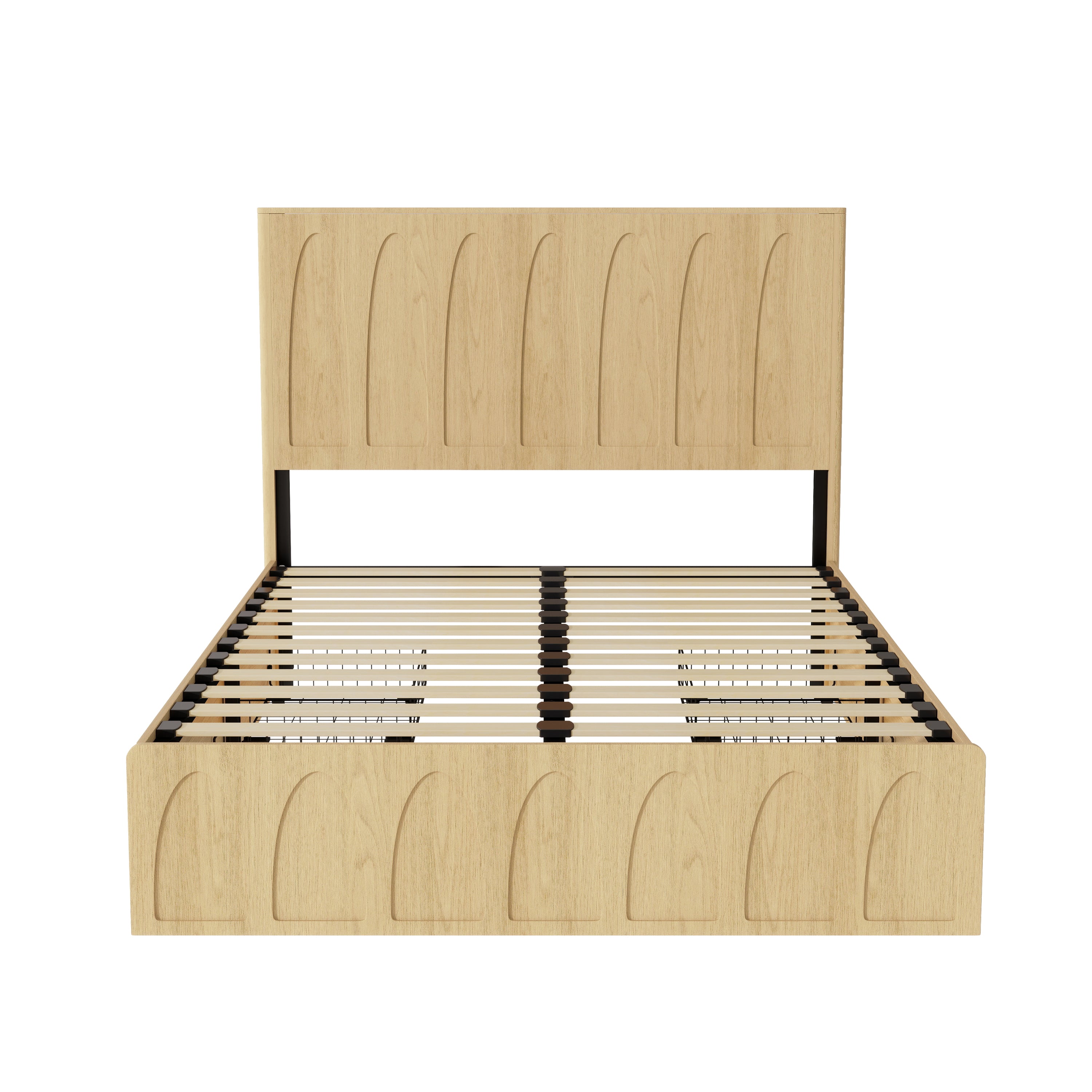 Angled bare oak queen storage bed frame with drawers open and wood slat support #Color_Oak