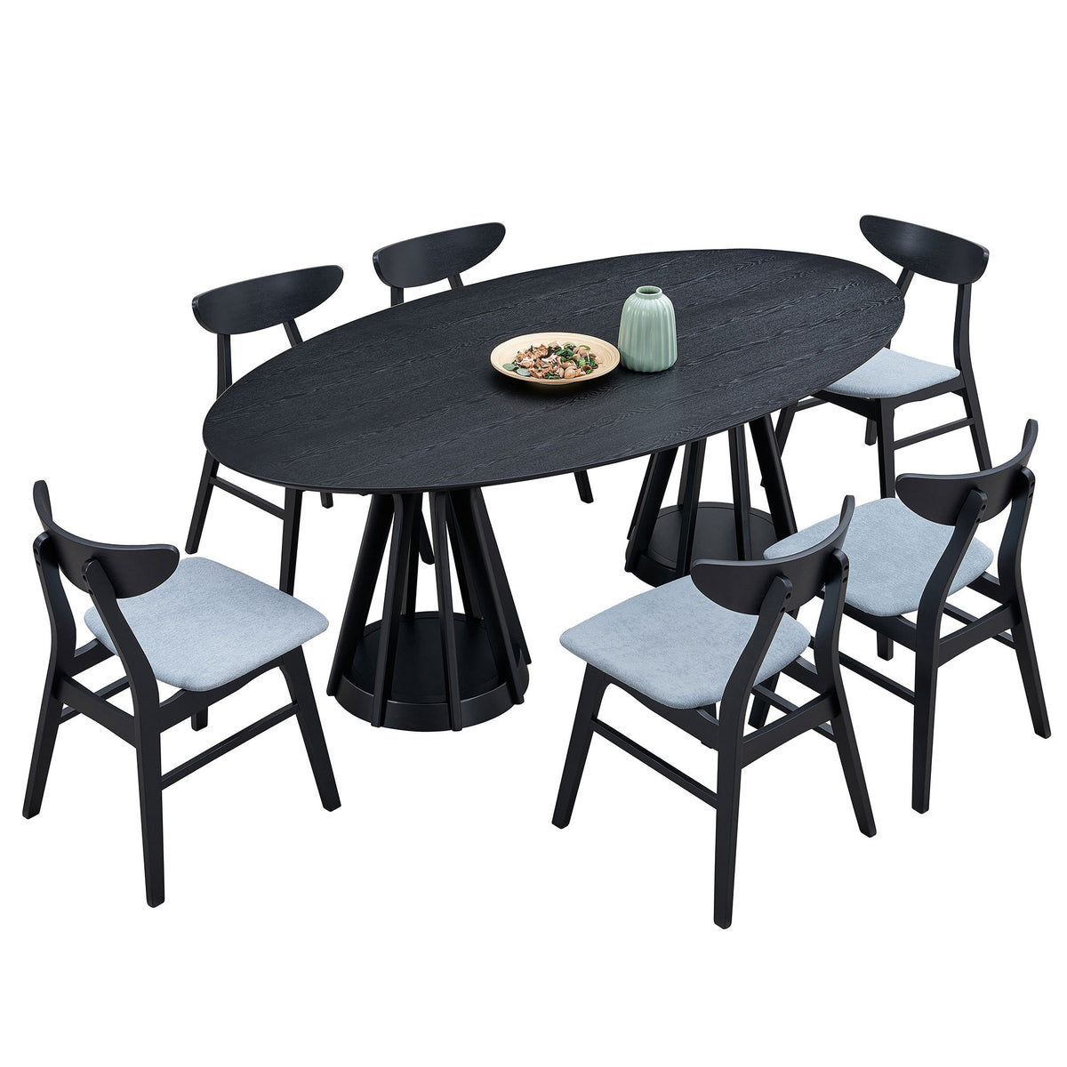 Black oval pedestal dining table set with six black chairs and blue seats on white