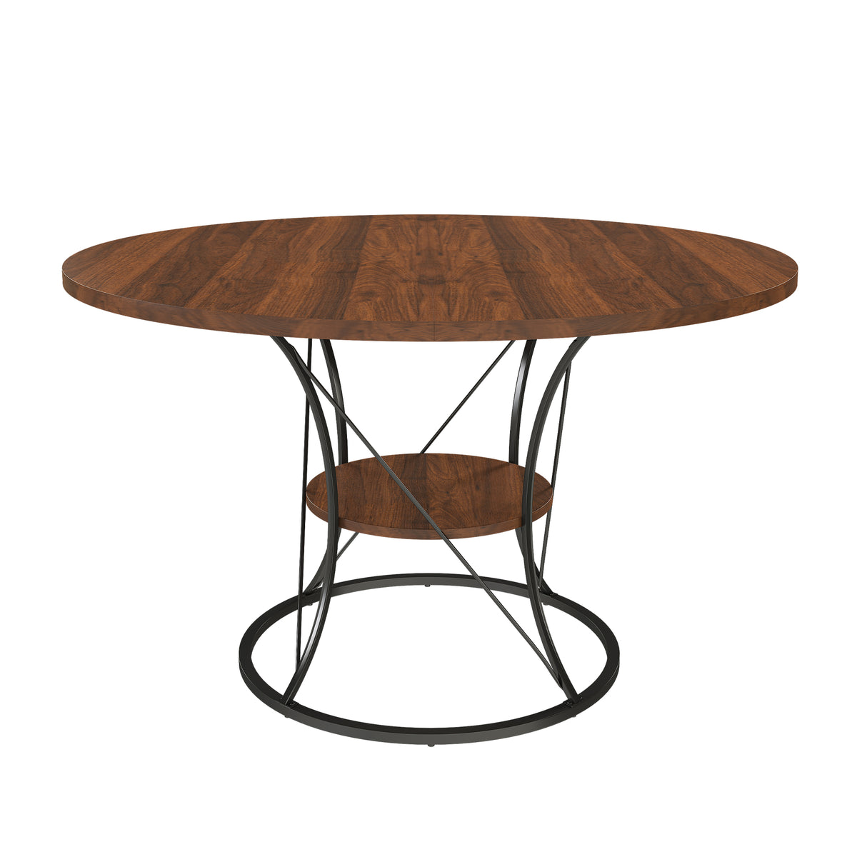 Walnut round dining table with black iron cage base on a plain white background, front view