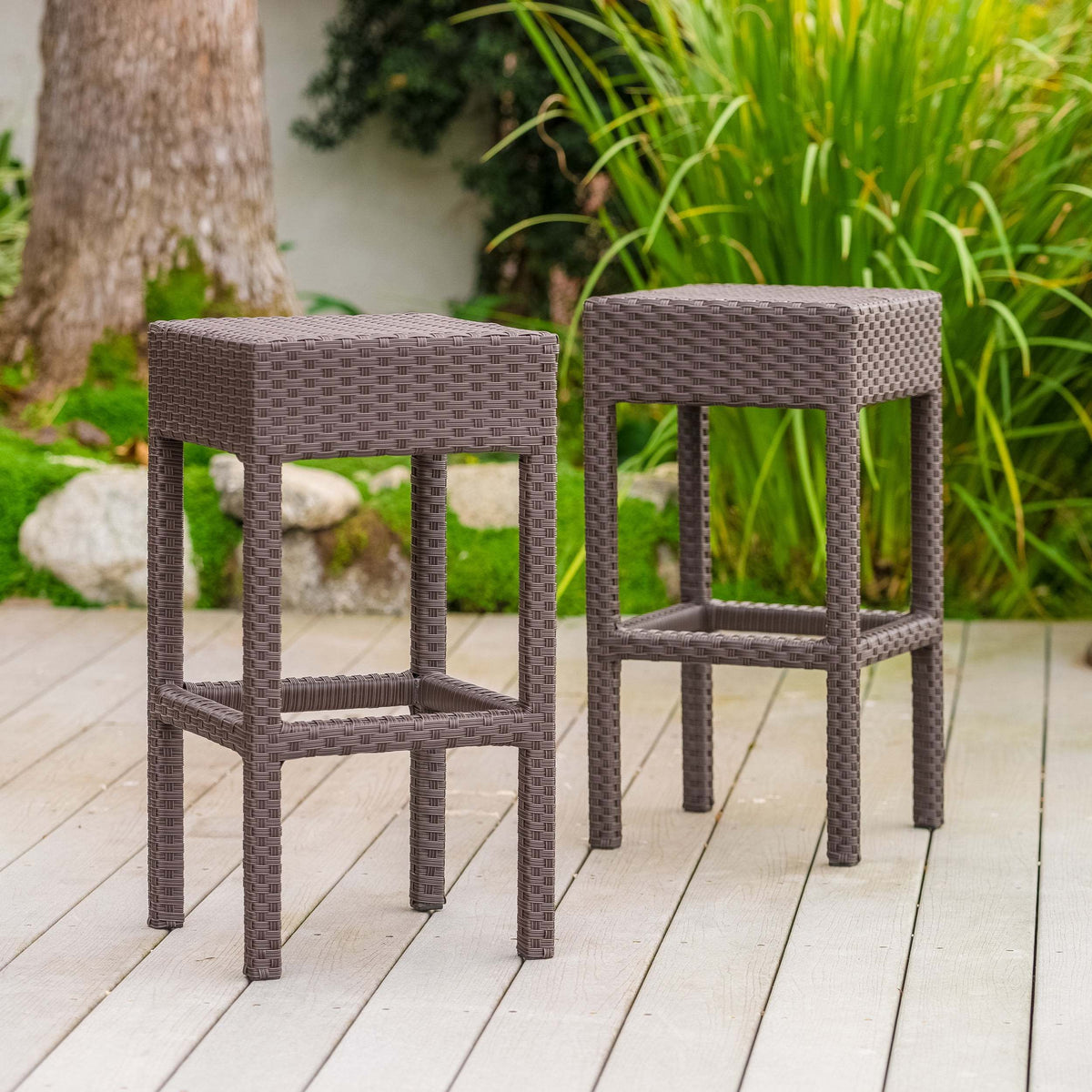 Dark Brown Wicker Outdoor Bar Stool, Set of 2