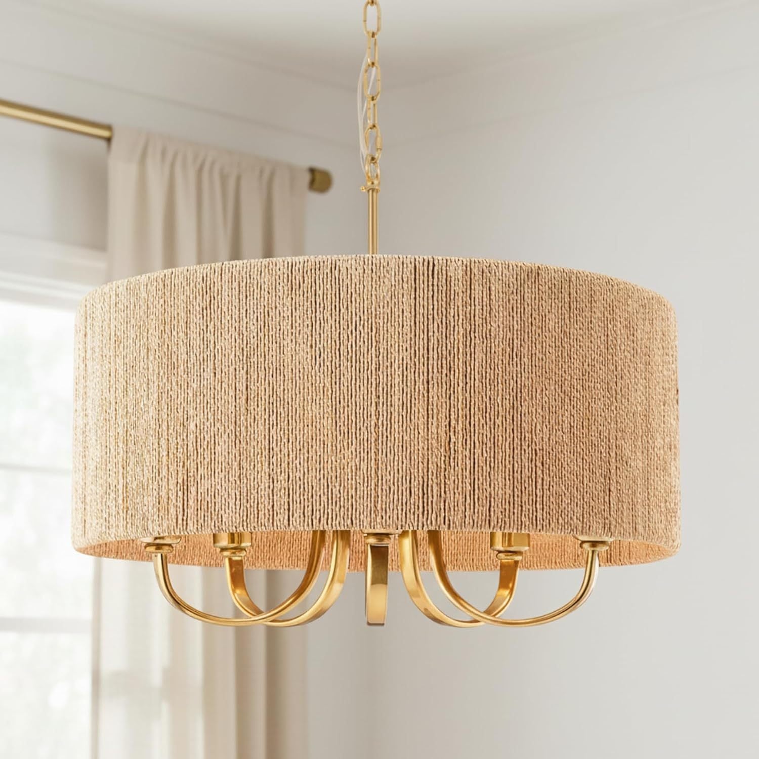 Farmhouse 5-Light Dimmable Chandelier, 22 in, Rattan Shade