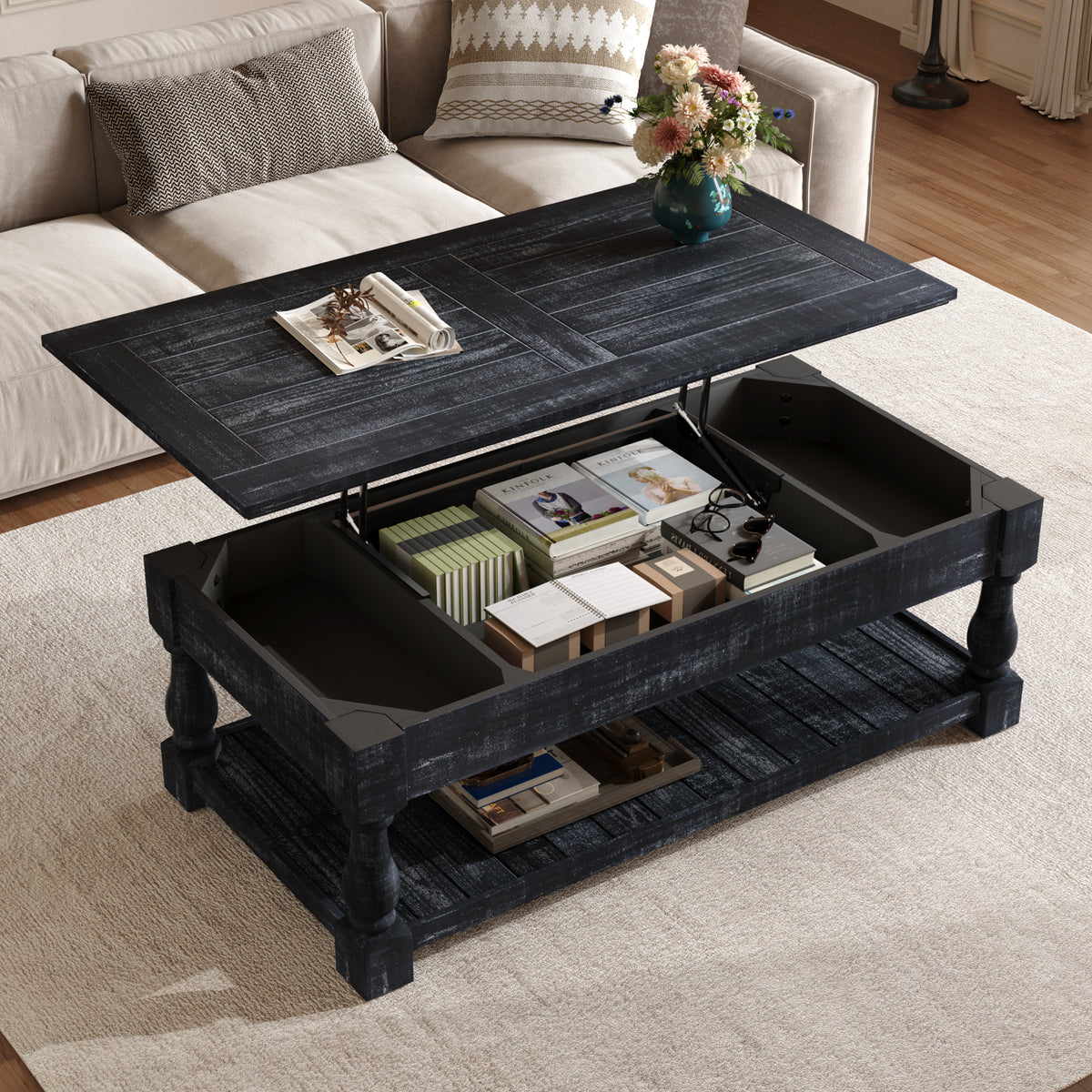 Black Farmhouse Lift-Top Coffee Table with Shelf, 47.2 in