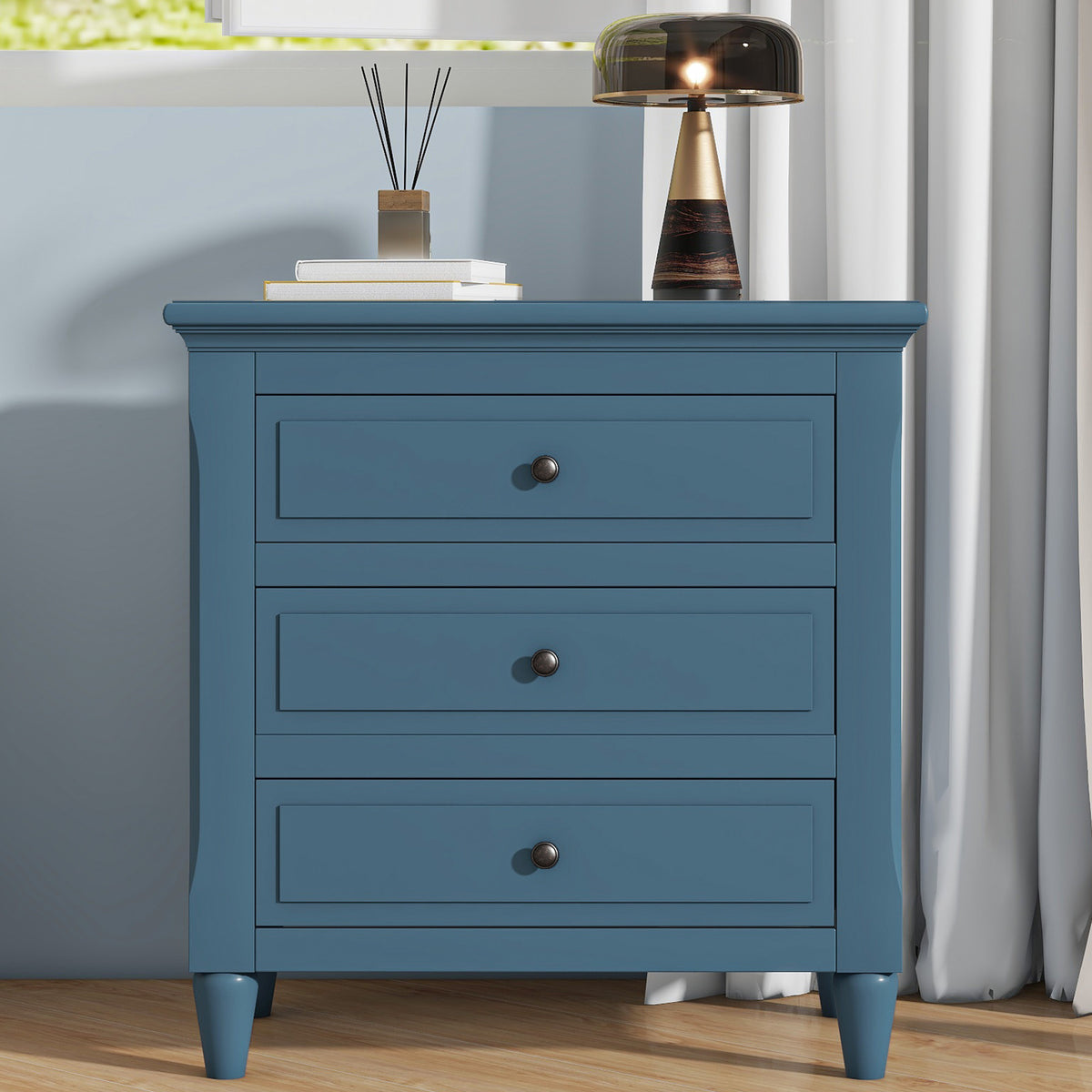 3 Drawer Nightstand with Tapered Legs, 28in Tall, Blue