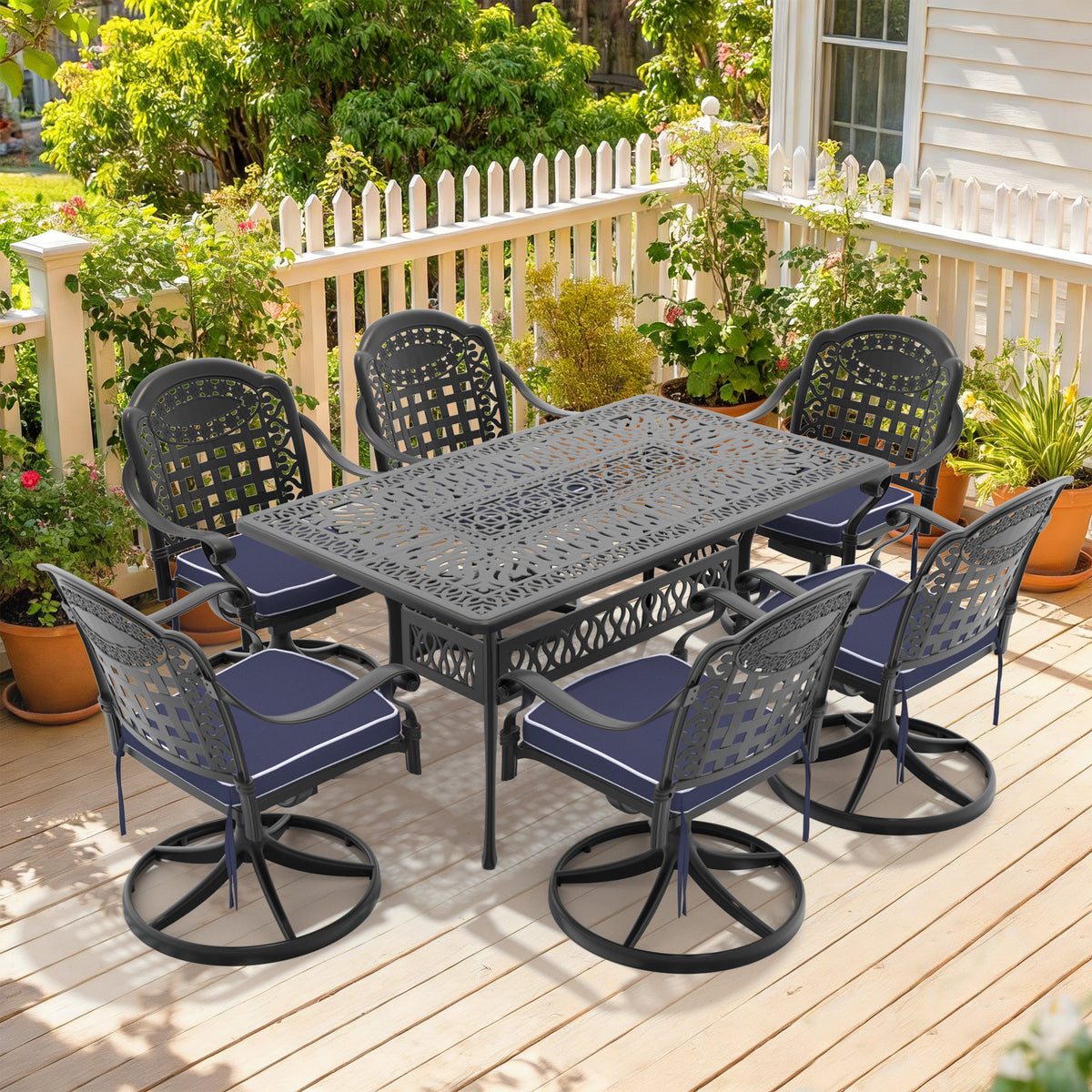Black Aluminum 7-Piece Patio Dining Set with Cushions