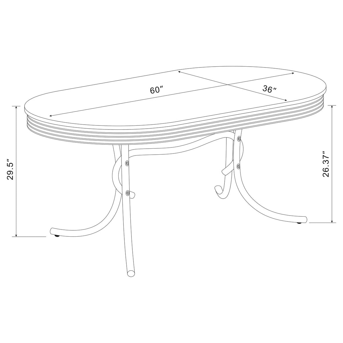 Dimension diagram of the oval table, 60 by 36 inch top and 29.5 inch height