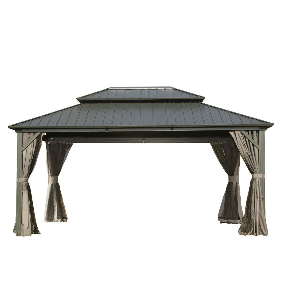 12x16 ft Gray Aluminum Double Roof Hardtop Gazebo with Netting and Curtains