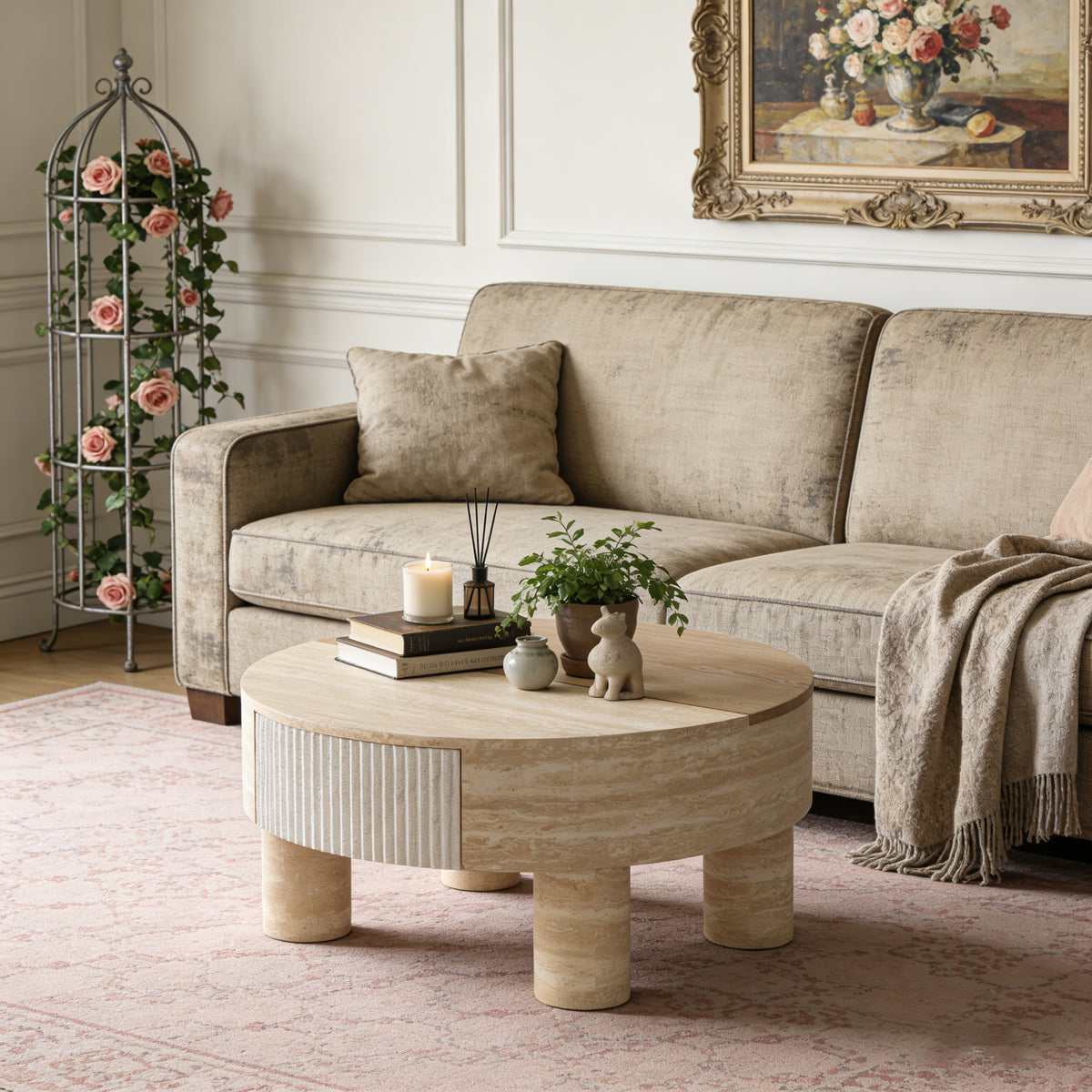 Beige Travertine-Look Round Coffee Table with Storage, 31.5 in